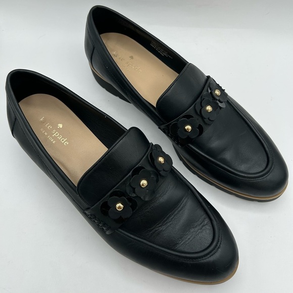 Kate Spade Women's Sz. 11 Black Leather Floral Detail Karisa Loafers - Picture 3 of 12